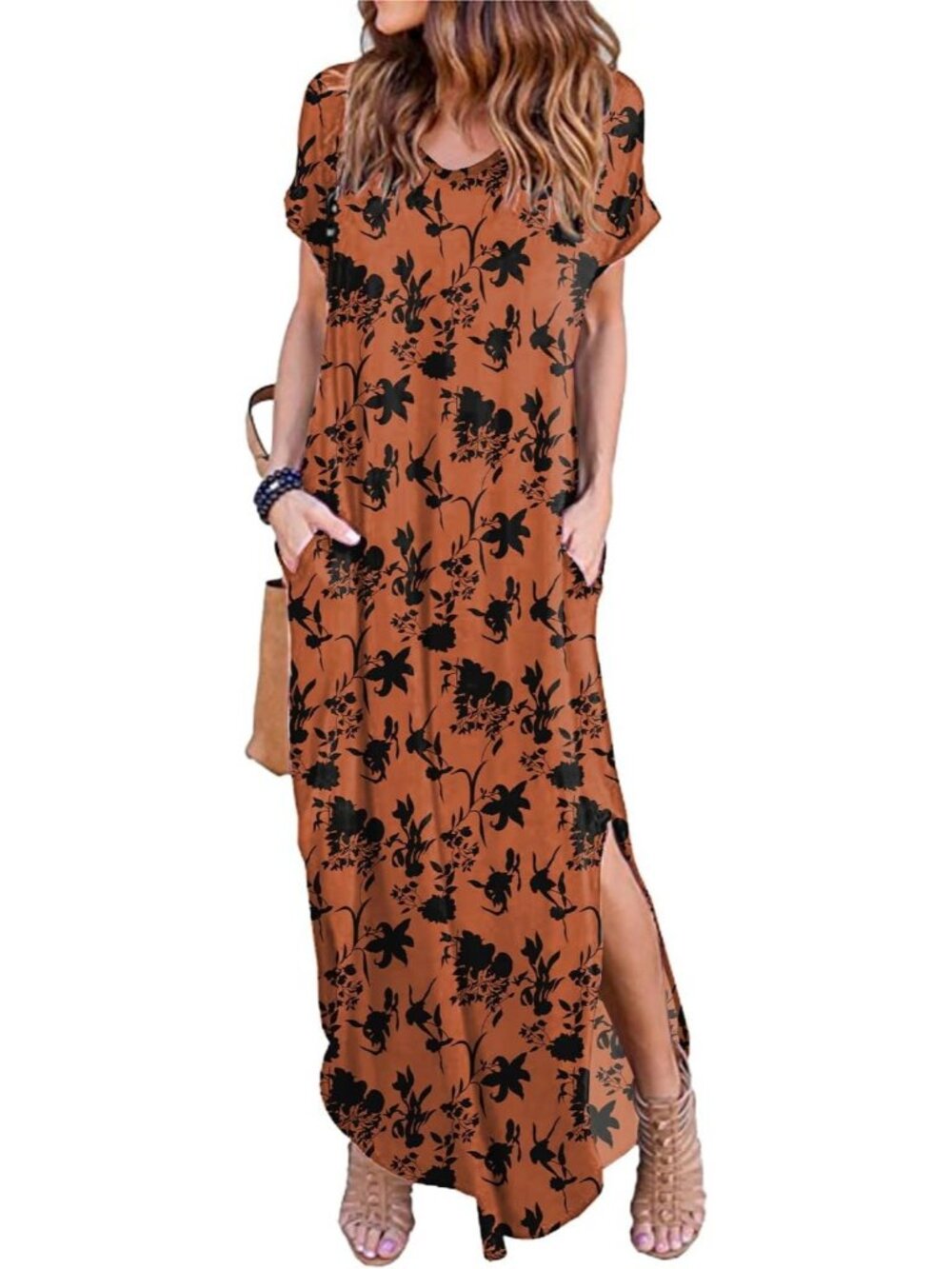Women's Flower09 Summer Maxi Long Dress Casual Loose Short Sleeve Split Pocket